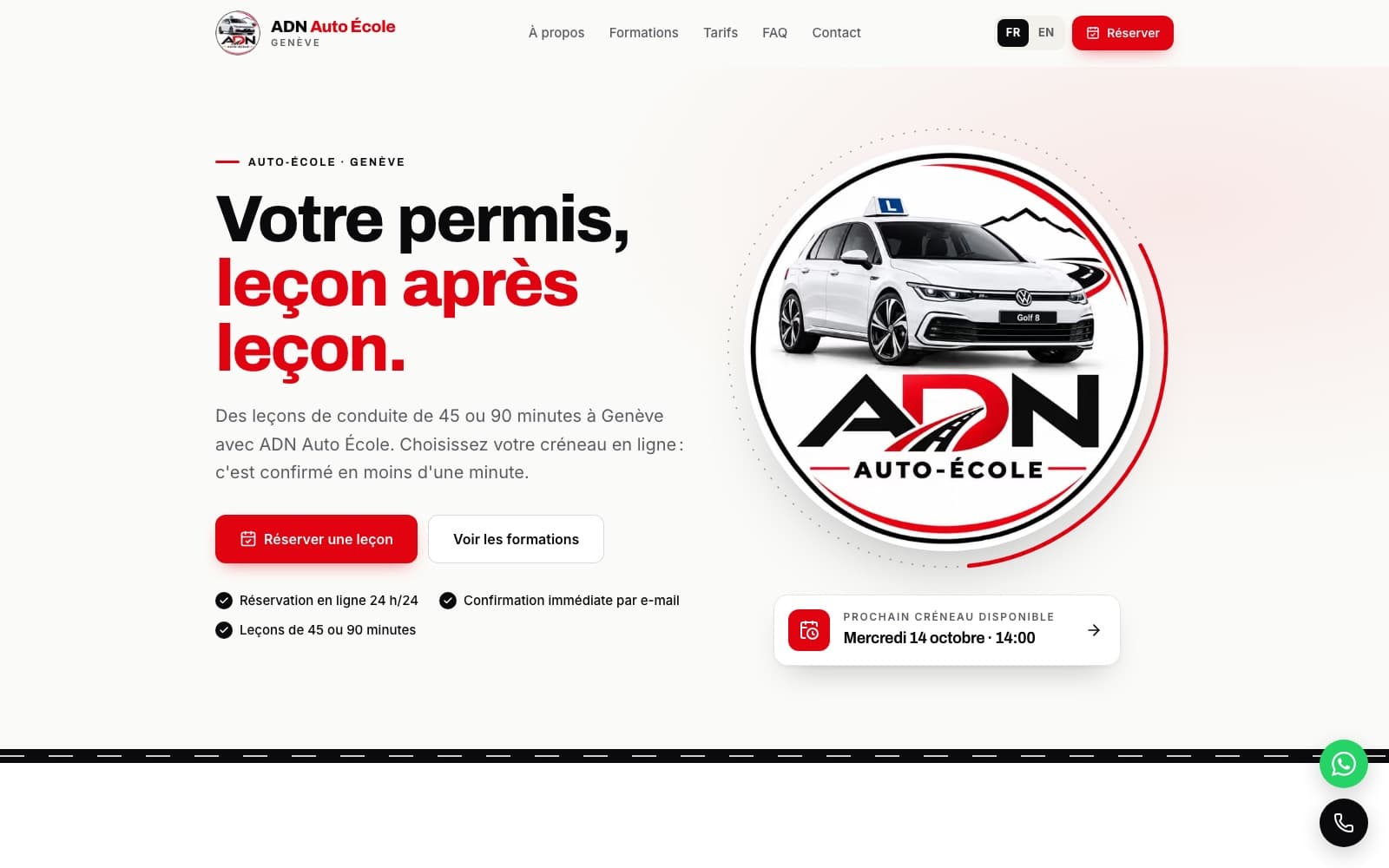 Homepage of the ADN Auto École website in Geneva