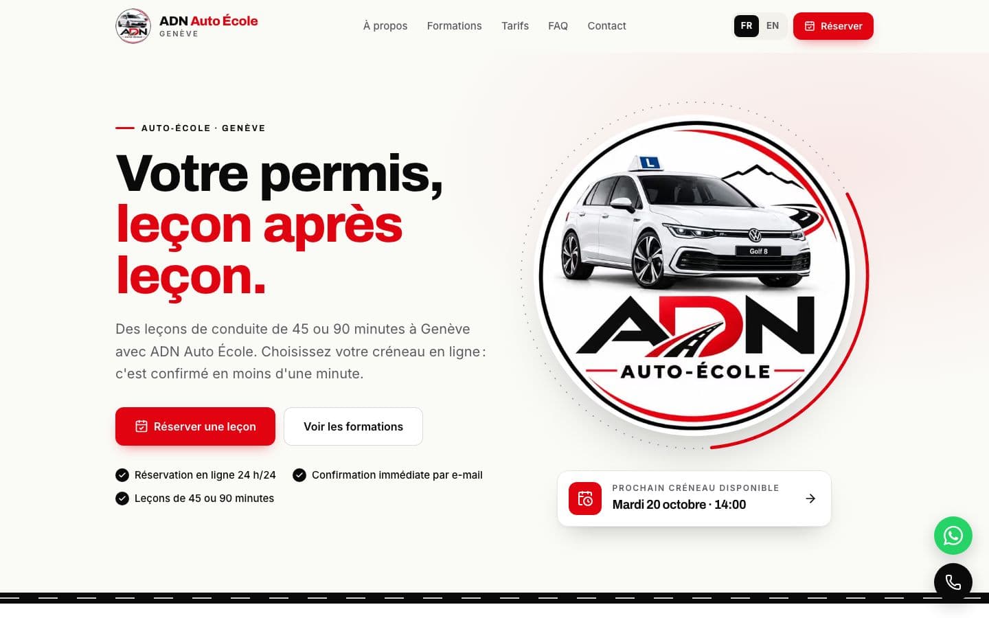 Startseite der Website von ADN Auto École in Genf